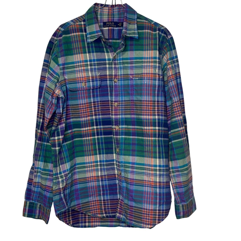 Polo Ralph Lauren Mens Button Up Shirt Long Sleeve Multi Plaid Blue Green Medium